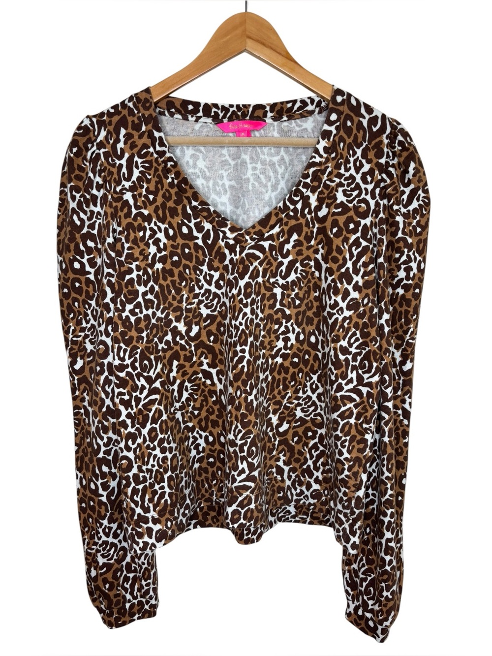Lilly Pulitzer sweater Jansen leopard print puff sleeve v neck medium